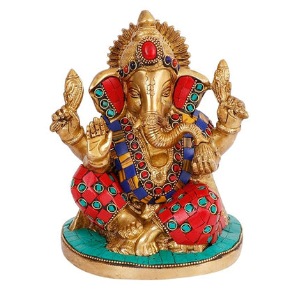 Brass Gem Stone Work Ganesha Statue For Home Decor Weight 2.5 Kg And Height 21 Cm
