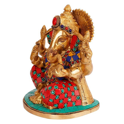 Brass Gem Stone Work Ganesha Statue For Home Decor Weight 2.5 Kg And Height 21 Cm