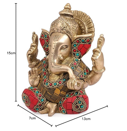 Brassaura Gemstone-Inlaid Brass Ganesha Murti for Home & Temple Décor | Height 5.9 Inches