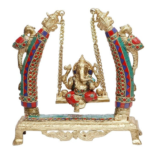 Brass Gem Stone Work Ganesha Jhula Statue For Home Decor Weight 3.3 Kg And Height 28 Cm