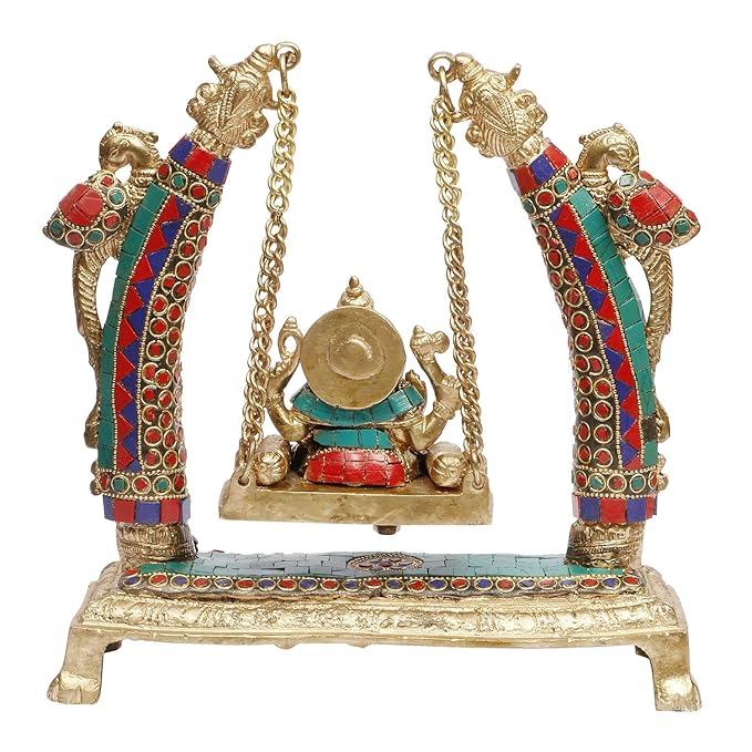 Brass Gem Stone Work Ganesha Jhula Statue For Home Decor Weight 3.3 Kg And Height 28 Cm