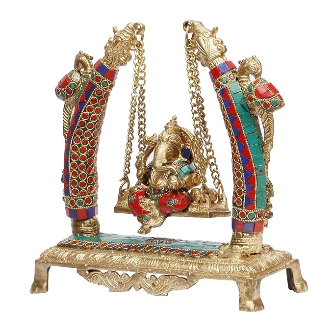 Brass Gem Stone Work Ganesha Jhula Statue For Home Decor Weight 3.3 Kg And Height 28 Cm