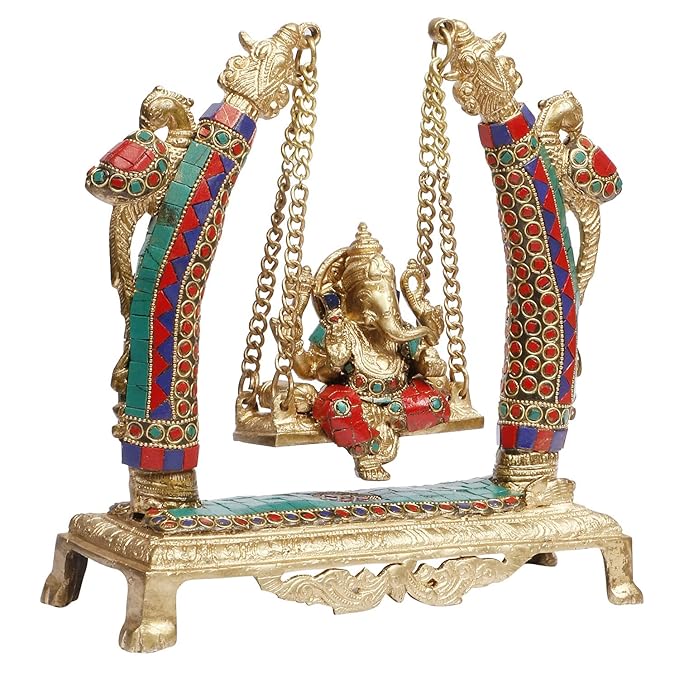 Brass Gem Stone Work Ganesha Jhula Statue For Home Decor Weight 3.3 Kg And Height 28 Cm