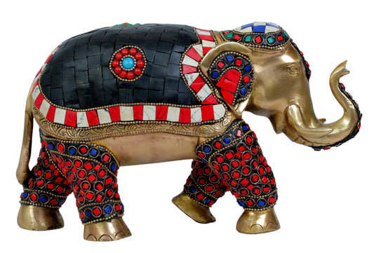 Brassaura® Brass Elephant Statue with Gem Stone Work | Handcrafted Decorative Showpiece | Height 7.1 Inches & Weight 3.18 Kgs