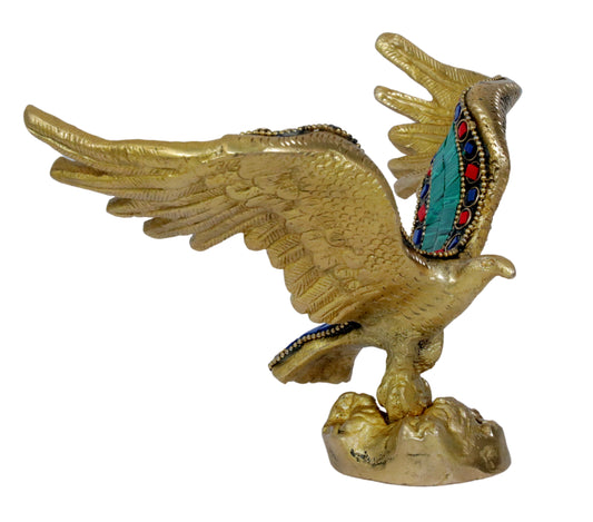 Brassaura® Brass Eagle Statue with Gem Stone Work | Handcrafted Decorative Showpiece | Height 6.3 Inches & Weight 0.8 Kgs
