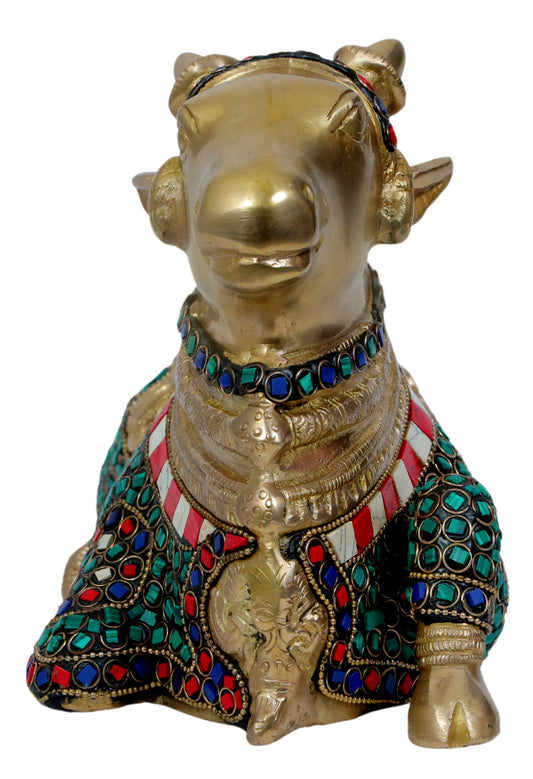 Brassaura® Brass Nandi Cow with Gem Stone Work | Handcrafted Sacred Bull of Lord Shiva | Height 2.6 Inches & Weight 3.6 Kgs