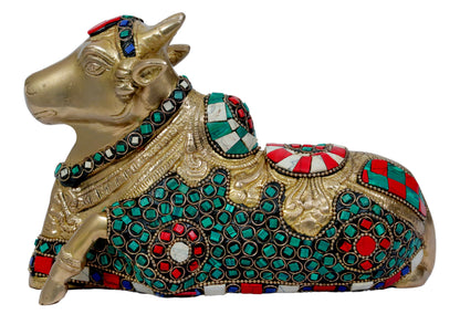 Brass Gem Stone Work Nandi Cow Weight 1.92 KG Height 18 cm