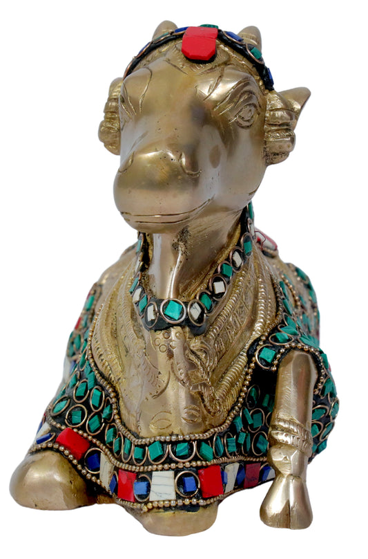 Brassaura® Brass Nandi Cow with Gem Stone Work | Handcrafted Sacred Bull of Lord Shiva | Height 5.1 Inches & Weight 1.92 Kgs