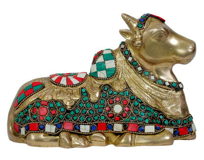 Brass Gem Stone Work Nandi Cow Weight 1.92 KG Height 18 cm