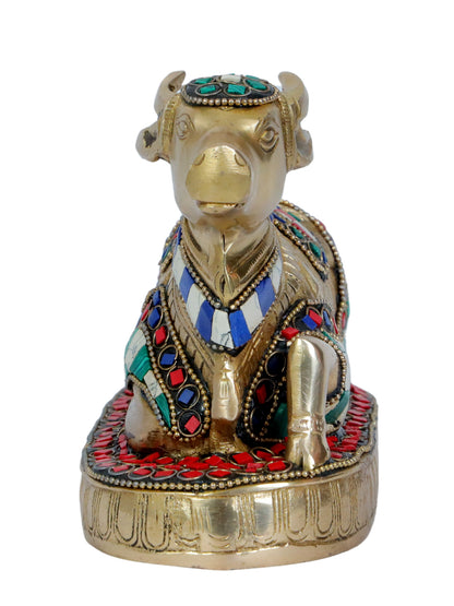 Brass Gem Stone Work Nandi Cow Weight 1.6 KG Height 17 cm