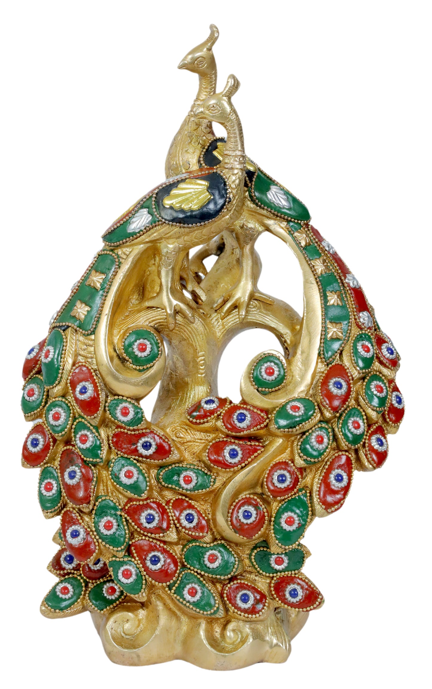 Brass Gem Stone Work Peacock Statue Home and Decor Weight 3.85 Kg Height 36 cm