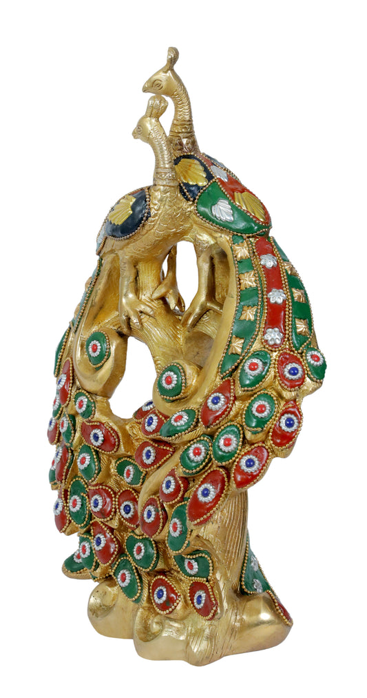 Brassaura® Brass Golden Peacock Statue with Multicolour Stonework | Handcrafted Decorative Showpiece | Height 11.8 Inches & Weight 3.8 Kgs