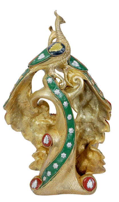 Brass Gem Stone Work Peacock Statue Home and Decor Weight 3.85 Kg Height 36 cm