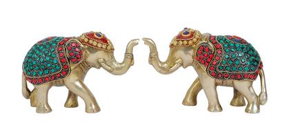 Brass Gem Stone Work Elephant Home and Decor Weight 1.79 Kg Height 14 cm