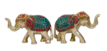 Brass Gem Stone Work Elephant Home and Decor Weight 1.79 Kg Height 14 cm