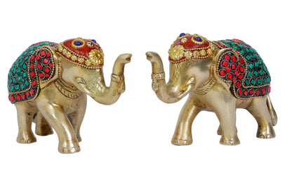 Brass Gem Stone Work Elephant Home and Decor Weight 1.79 Kg Height 14 cm