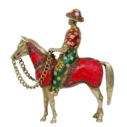 Brass Gem Stone Work Horse with Rider Home and Decor Weight 3.25 Kg Height 30 cm