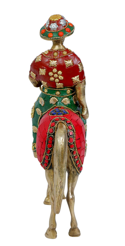 Brass Gem Stone Work Horse with Rider Home and Decor Weight 3.25 Kg Height 30 cm