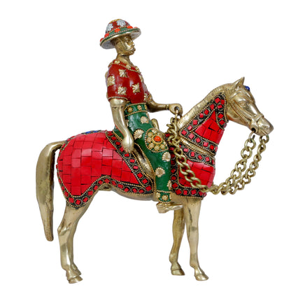 Brass Gem Stone Work Horse with Rider Home and Decor Weight 3.25 Kg Height 30 cm