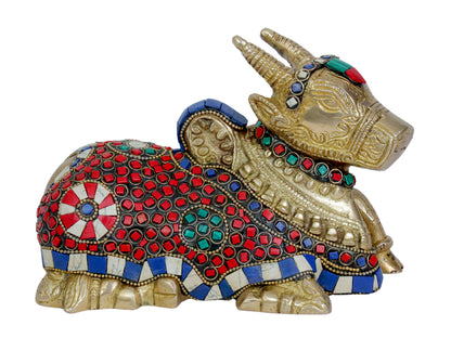 Brass Gem Stone Work Nandhi Cow for Home and Decor Gifts Item Weight 1.95 Kg