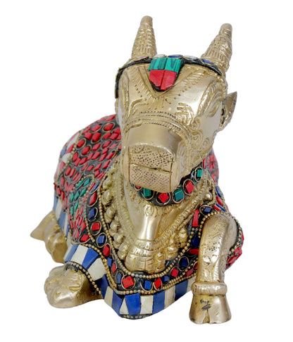 Brass Gem Stone Work Nandhi Cow for Home and Decor Gifts Item Weight 1.95 Kg