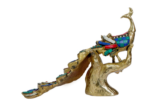 Brassaura® Brass Peacock Statue with Gem Stone Work | Handcrafted Decorative Showpiece | Height 11 Inches & Weight 3.8 Kgs