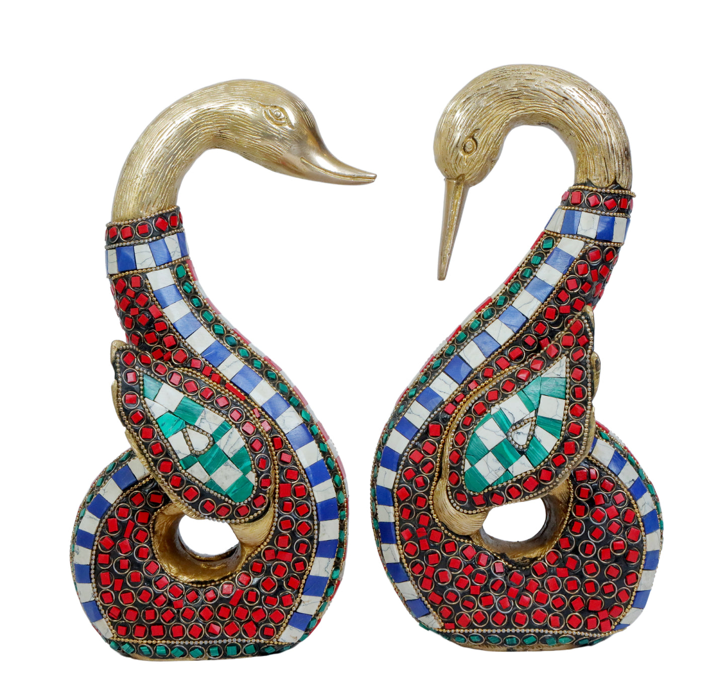 Brass Swan Pair Gem Stone Work Statue Home and Decor Weight 5.15 Kg Height 28 cm