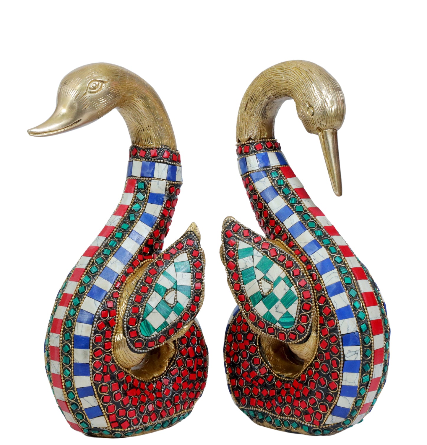 Brass Swan Pair Gem Stone Work Statue Home and Decor Weight 5.15 Kg Height 28 cm