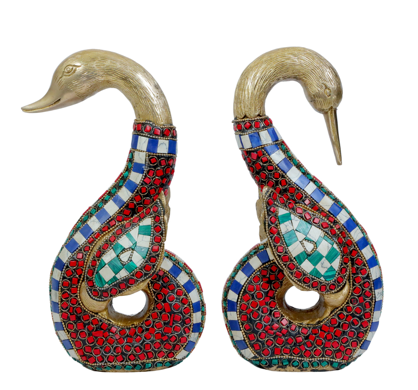 Brass Swan Pair Gem Stone Work Statue Home and Decor Weight 5.15 Kg Height 28 cm