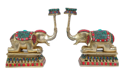 Brass Gem Stone Work Elephant Pair for Home and Decor Weight 5.25 Kg Height 26 cm