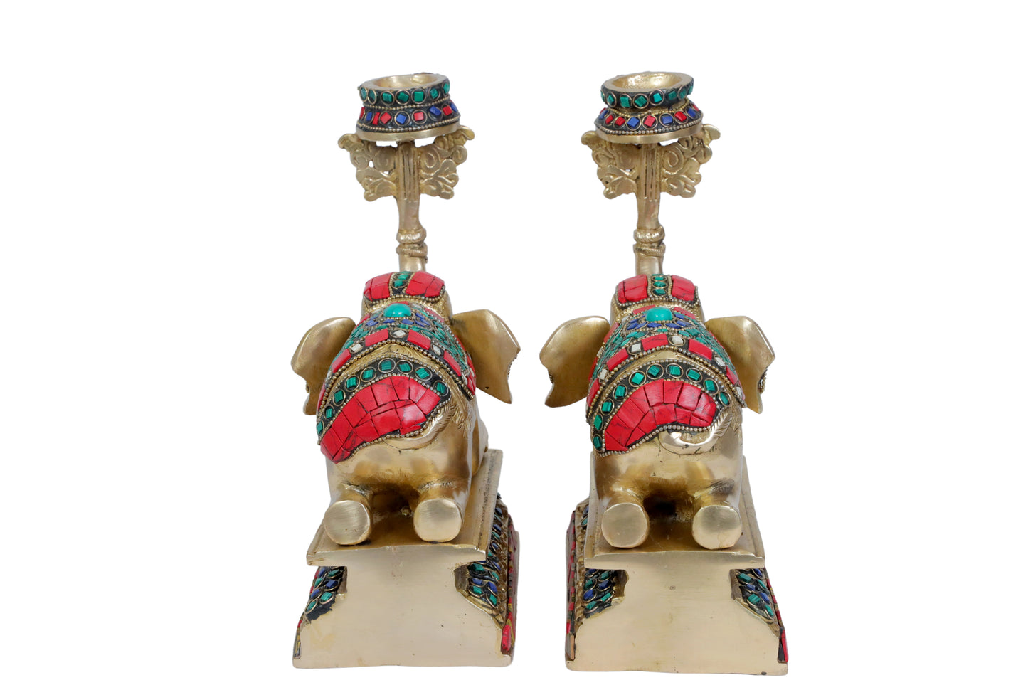 Brass Gem Stone Work Elephant Pair for Home and Decor Weight 5.25 Kg Height 26 cm