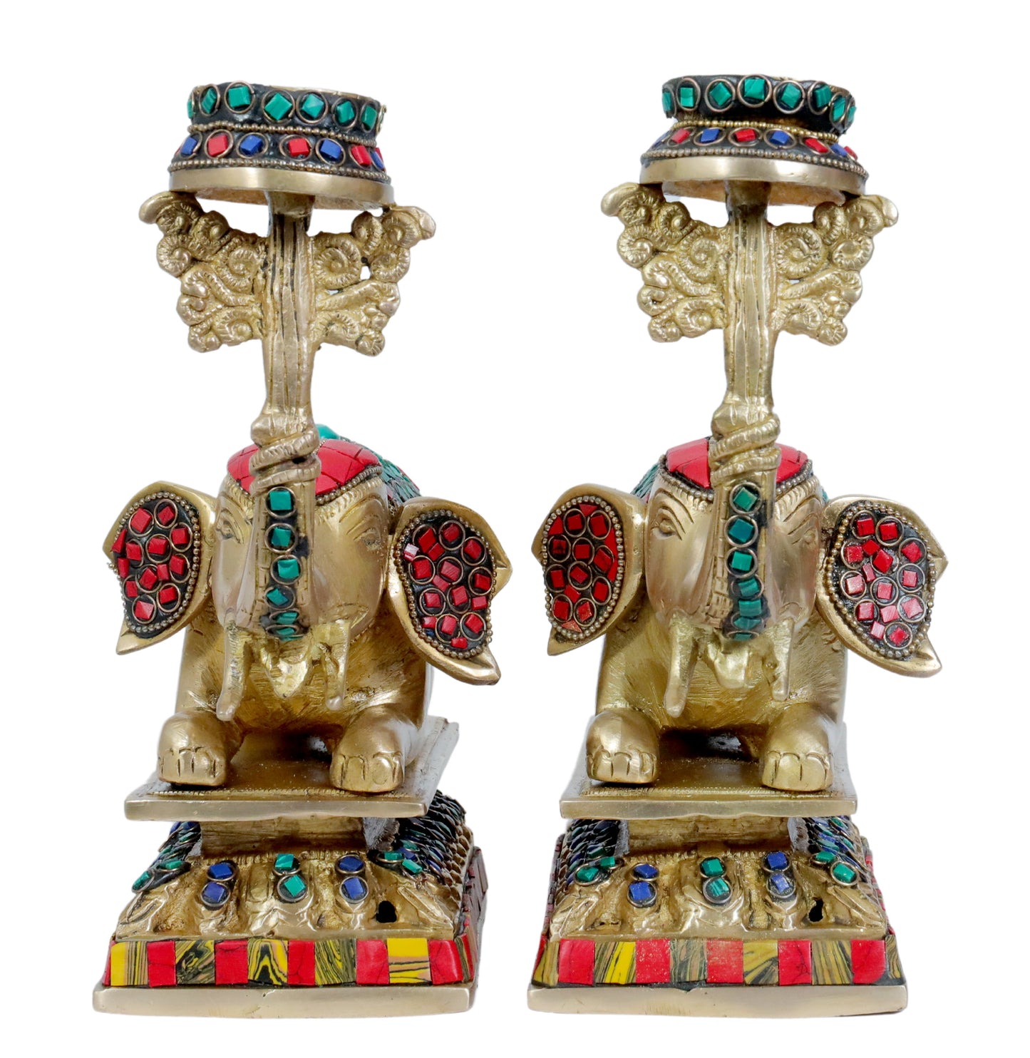 Brass Gem Stone Work Elephant Pair for Home and Decor Weight 5.25 Kg Height 26 cm