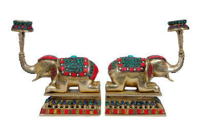 Brass Gem Stone Work Elephant Pair for Home and Decor Weight 5.25 Kg Height 26 cm