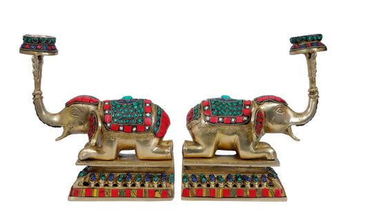 Brassaura® Brass Elephant Pair with Gem Stone Work | Handcrafted Decorative Showpiece | Height 10.2 Inches & Weight 5.25 Kgs