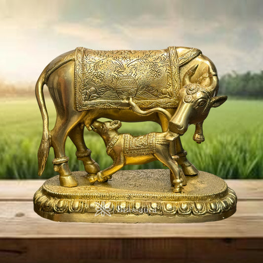 Brass Khamdhenu Cow and Calf Statue for Home and Decor Weight 4.25 Kg Height 25 cm