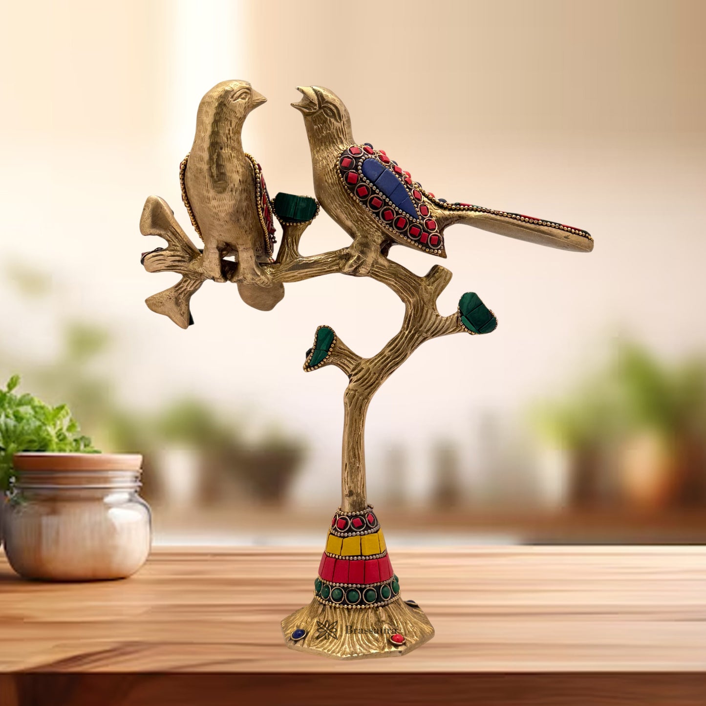 Brass Gem Stone Work Tree and Birds for Home and Decor Weight 1 Kg Height 27 cm