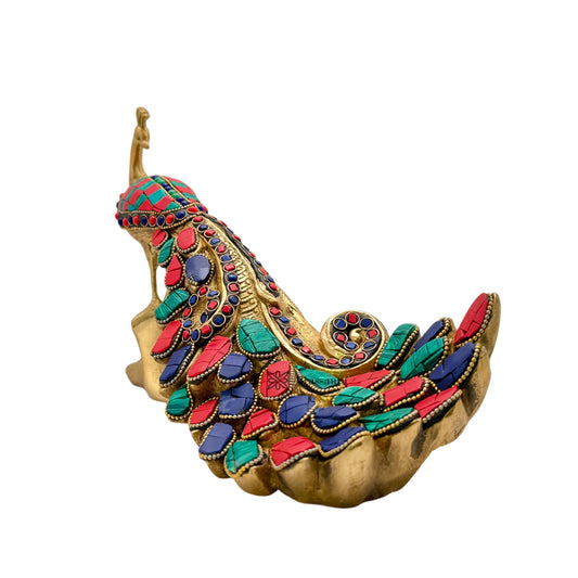 Brassaura® Brass Peacock Showpiece with Gem Stone Work | Handcrafted Decorative Artwork | Height 7.9 Inches & Weight 2.6 Kgs