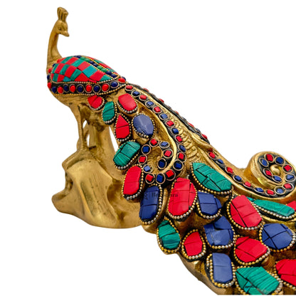 Brass Gem Stone Work Peacock for Home and Decor Show Piece Weight 2.6 Kg Height 20 cm