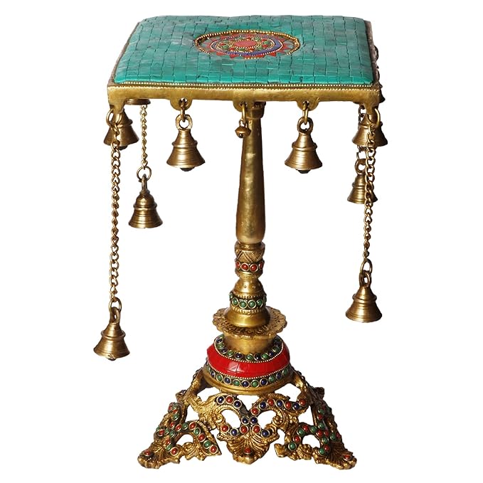 Brass Gem Stone Work Chowki for Home and Decor Show Piece Weight 5 Kg Height 23 cm