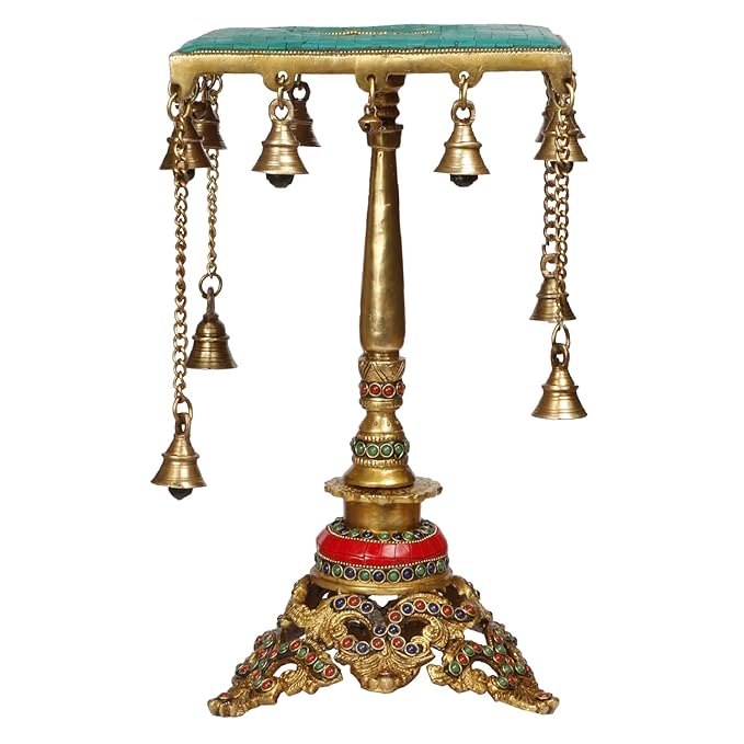 Brass Gem Stone Work Chowki for Home and Decor Show Piece Weight 5 Kg Height 23 cm