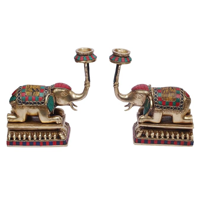 Brass Gem Stone Work Candle Holder on Elephant Trunk Pair Set Fengsui Vastu Hathi for Good Luck Height 8 Inch 5 Kg Weight