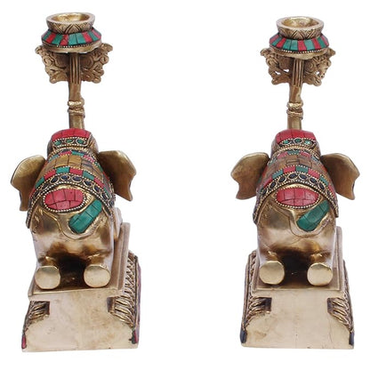 Brass Gem Stone Work Candle Holder on Elephant Trunk Pair Set Fengsui Vastu Hathi for Good Luck Height 8 Inch 5 Kg Weight