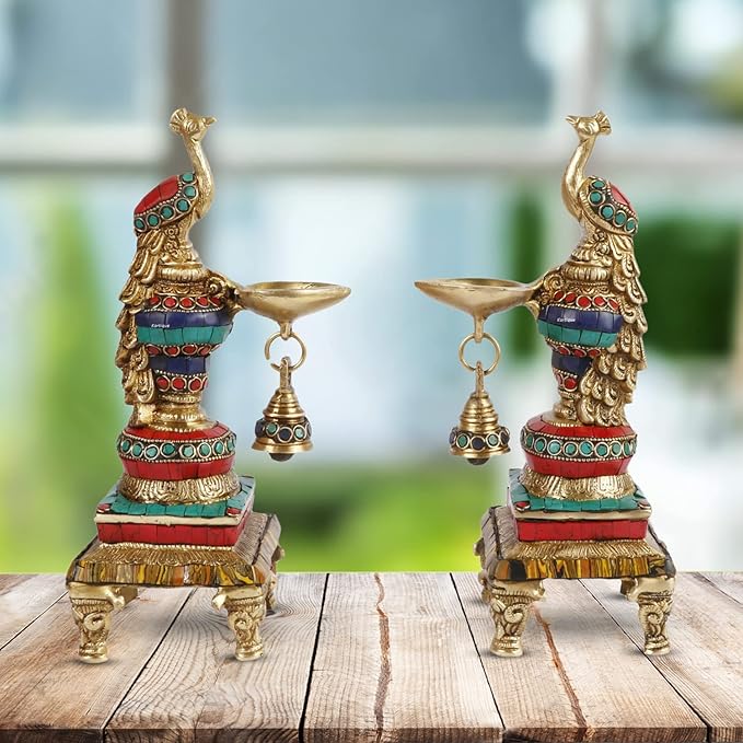 Brass Gem Stone Work Peackock Diya Pair Murti for Home and Decor Show Piece Height 28 cm Weight 4 Kg