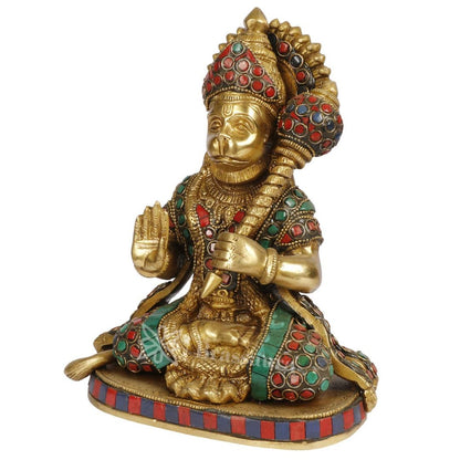 Brass Sankat Mochan Gem Stone Work Hanuman Bhagwan Murti for Home and Decor Weight 2.80 kg Height 23 cm