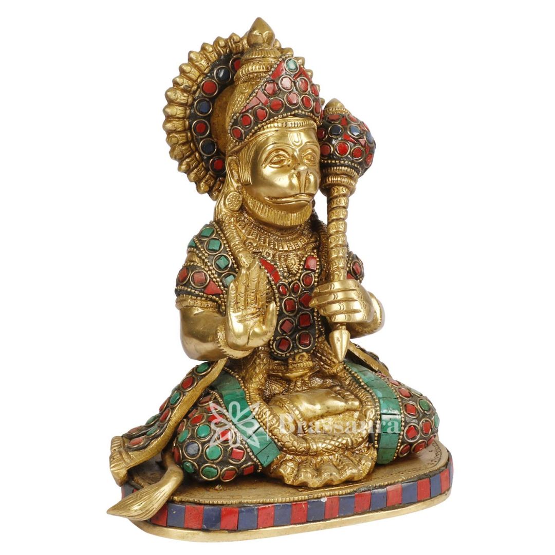 Brass Sankat Mochan Gem Stone Work Hanuman Bhagwan Murti for Home and Decor Weight 2.80 kg Height 23 cm