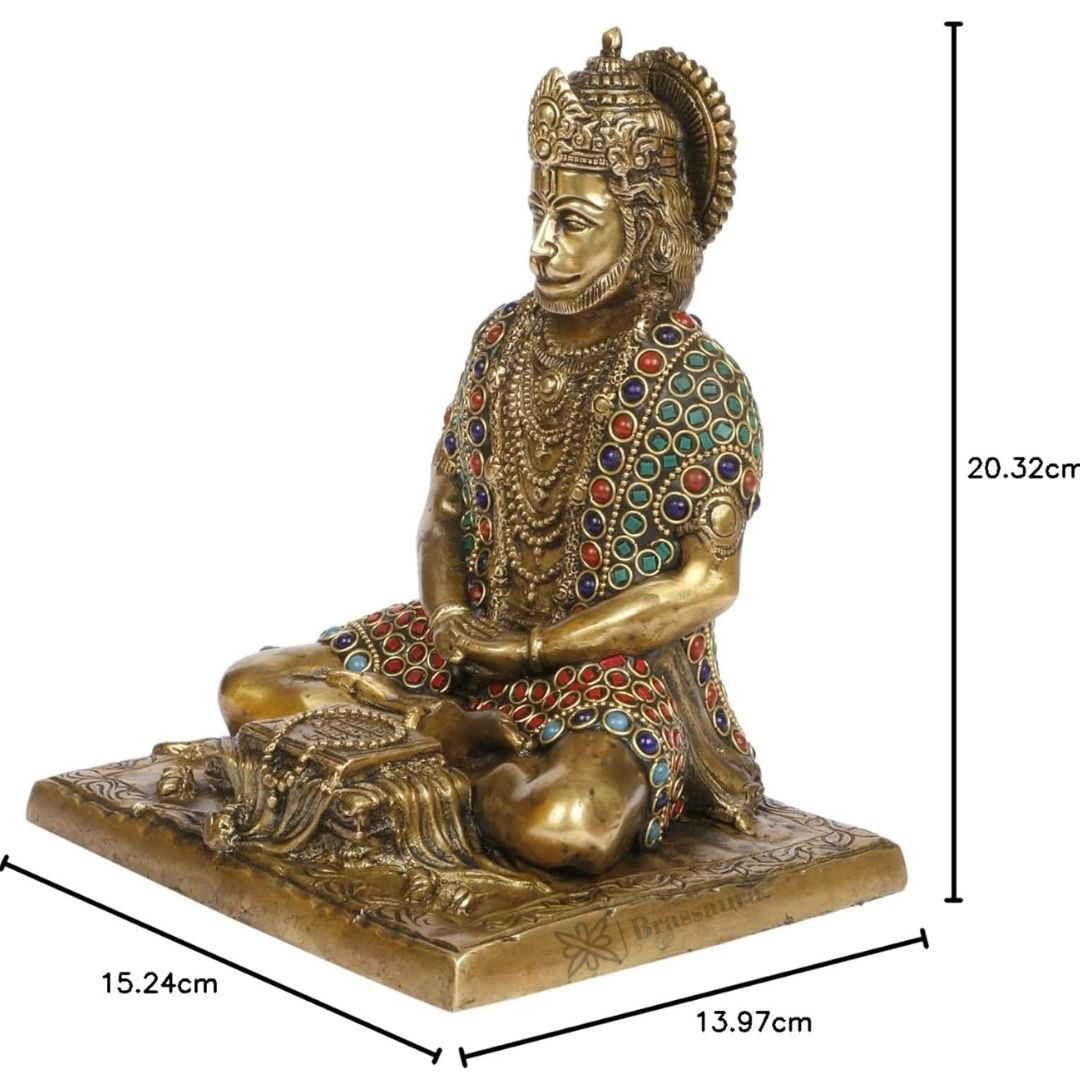 Brassaura™ Premium Brass Hanuman Idol with Gemstone Craft – Heights 9.2 Inches & Weight 2.7 Kgs | Pooja Room Special