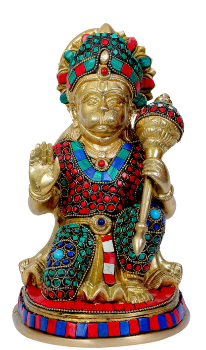 Brass Hanuman Murti in Blessing Posture Sitting on Statue Idol Home Office Decor Weight 3.4 Kg And Height 23 cm