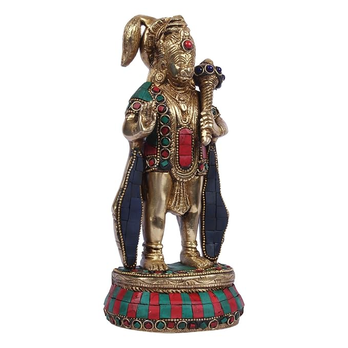 Brassaura™ Gemstone Crafted Brass Hanuman Murti – Height 10 Inches & Weight 1.8 Kgs | Temple Collection