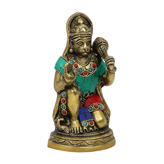 Brass Gem Stone Work Handwork Hanuman Blessing Statue 1 Kg Height 18 cm