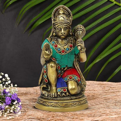 Brass Gem Stone Work Handwork Hanuman Blessing Statue 1 Kg Height 18 cm